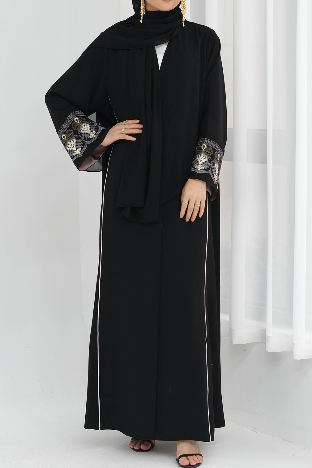 Anisa Intricate Embroidery Open Abaya 843 -Black