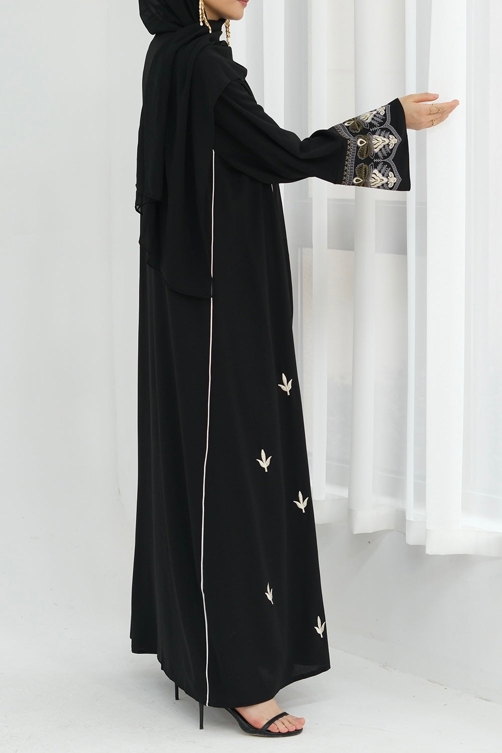 Anisa Intricate Embroidery Open Abaya 843 -Black