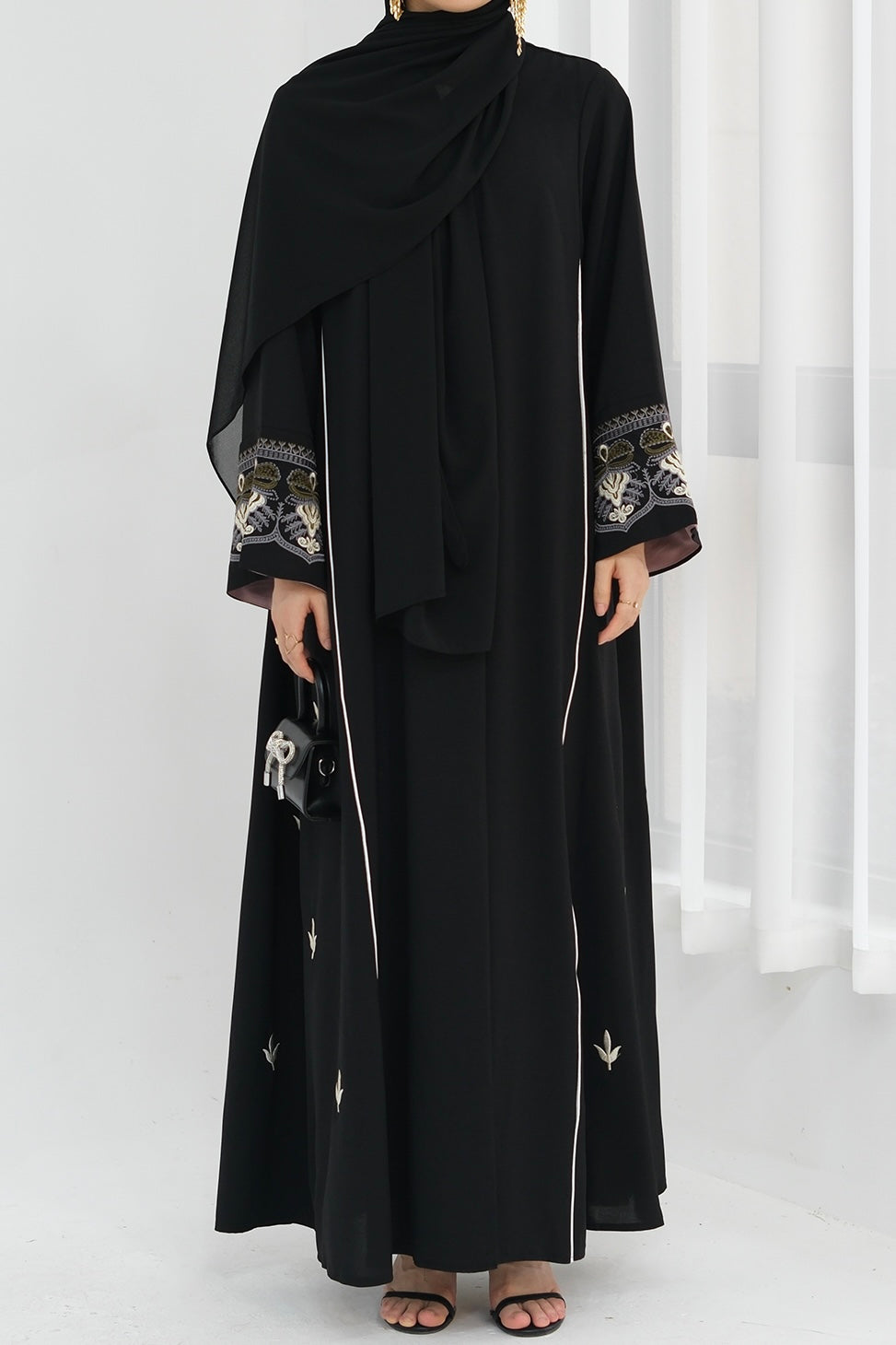 Anisa Intricate Embroidery Open Abaya 843 -Black