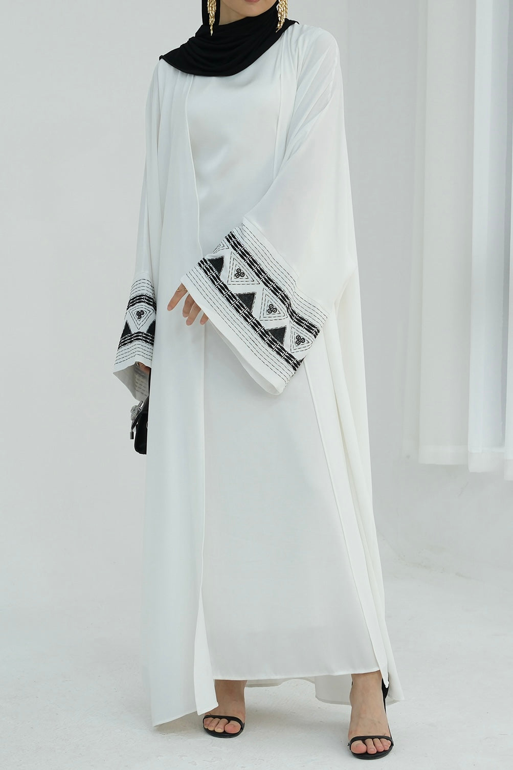 Mariam Intricate Geometric Embroidery Open Abaya 844 - White