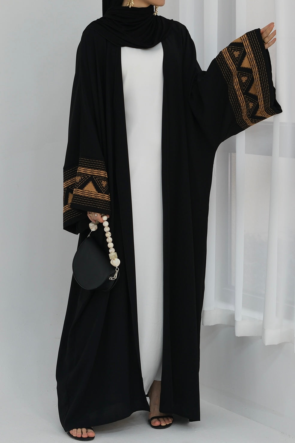 Mariam Intricate Geometric Embroidery Open Abaya 844-Black