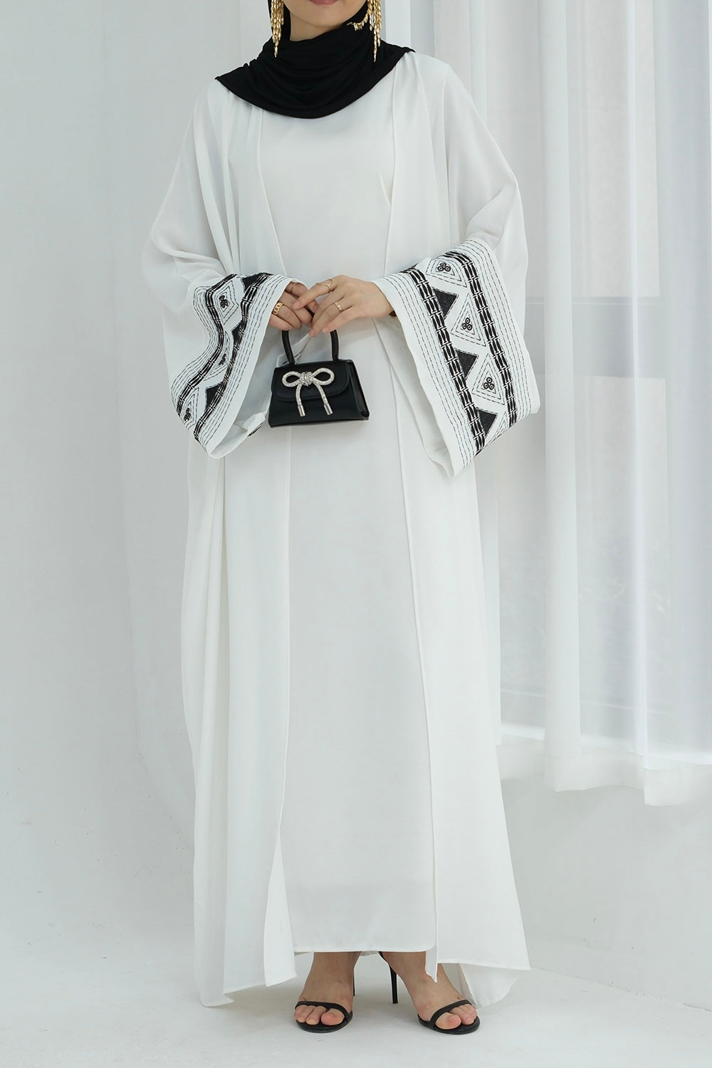 Mariam Intricate Geometric Embroidery Open Abaya 844 - White