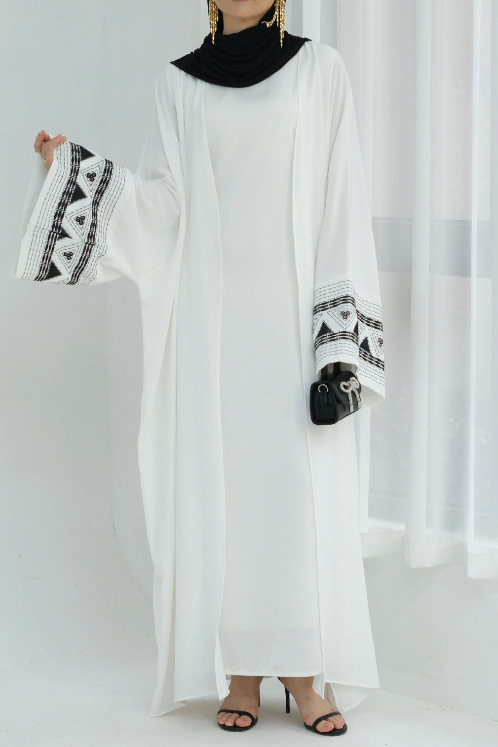 Mariam Intricate Geometric Embroidery Open Abaya 844 - White