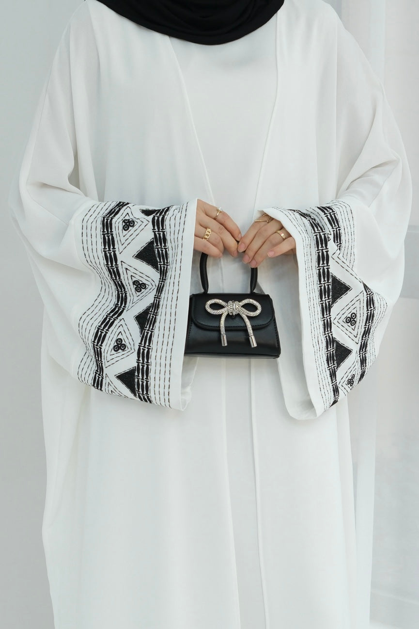 Mariam Intricate Geometric Embroidery Open Abaya 844 - White