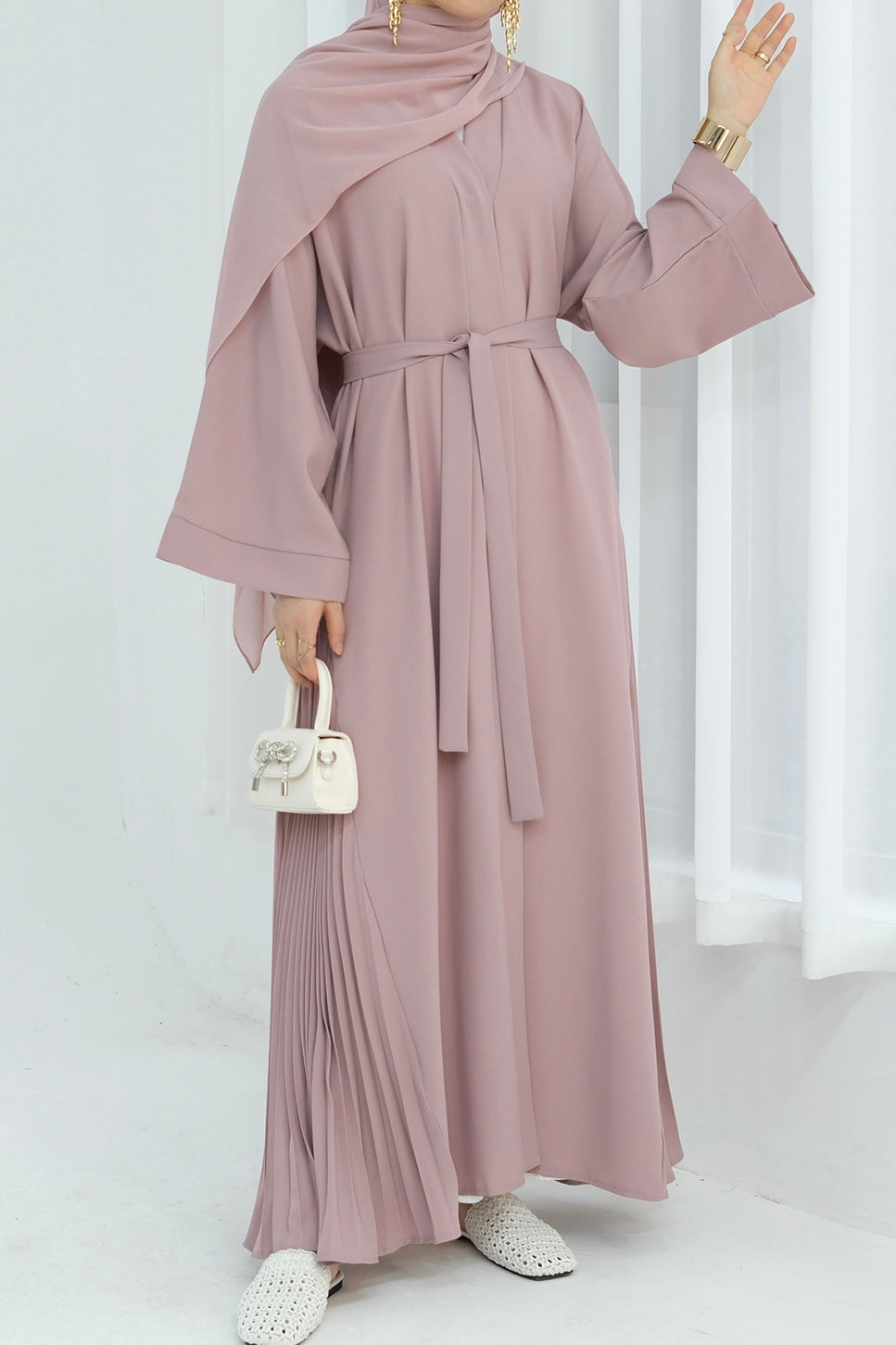 Haniya Pleated Design Open Abaya 850-Pink