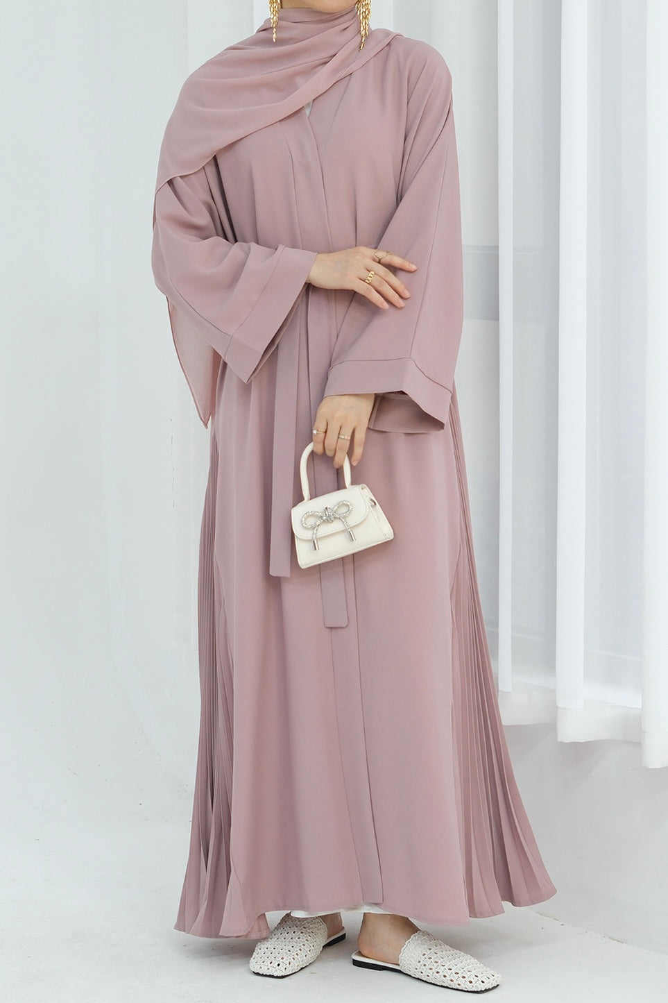 Haniya Pleated Design Open Abaya 850-Pink