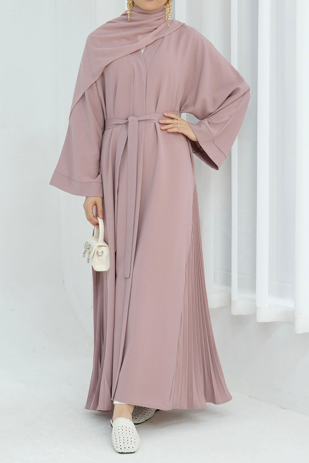 Haniya Pleated Design Open Abaya 850-Pink