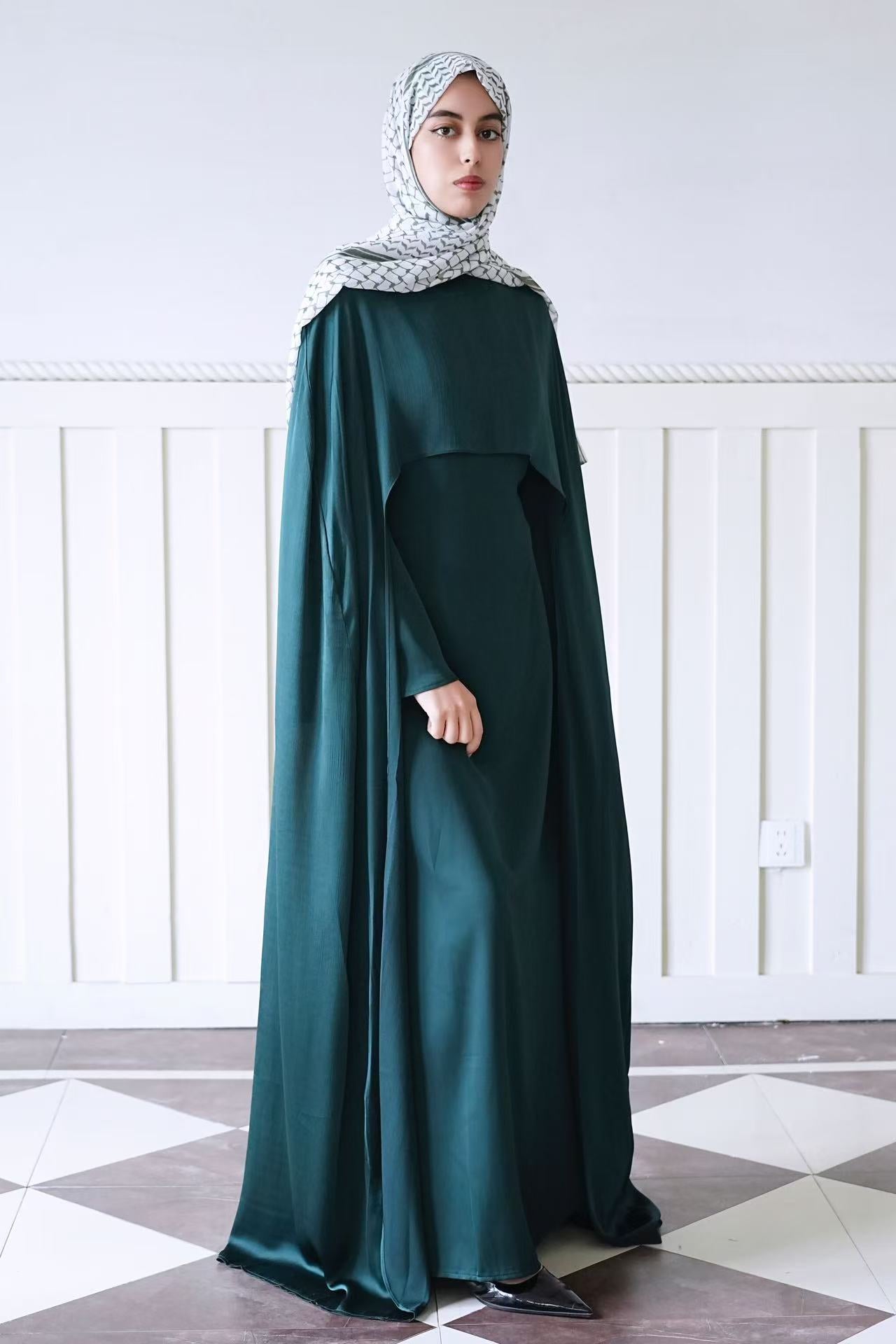 Noura Two-Piece Waist Tie Cape Elegant Abaya Set 860+920 - Dark Green