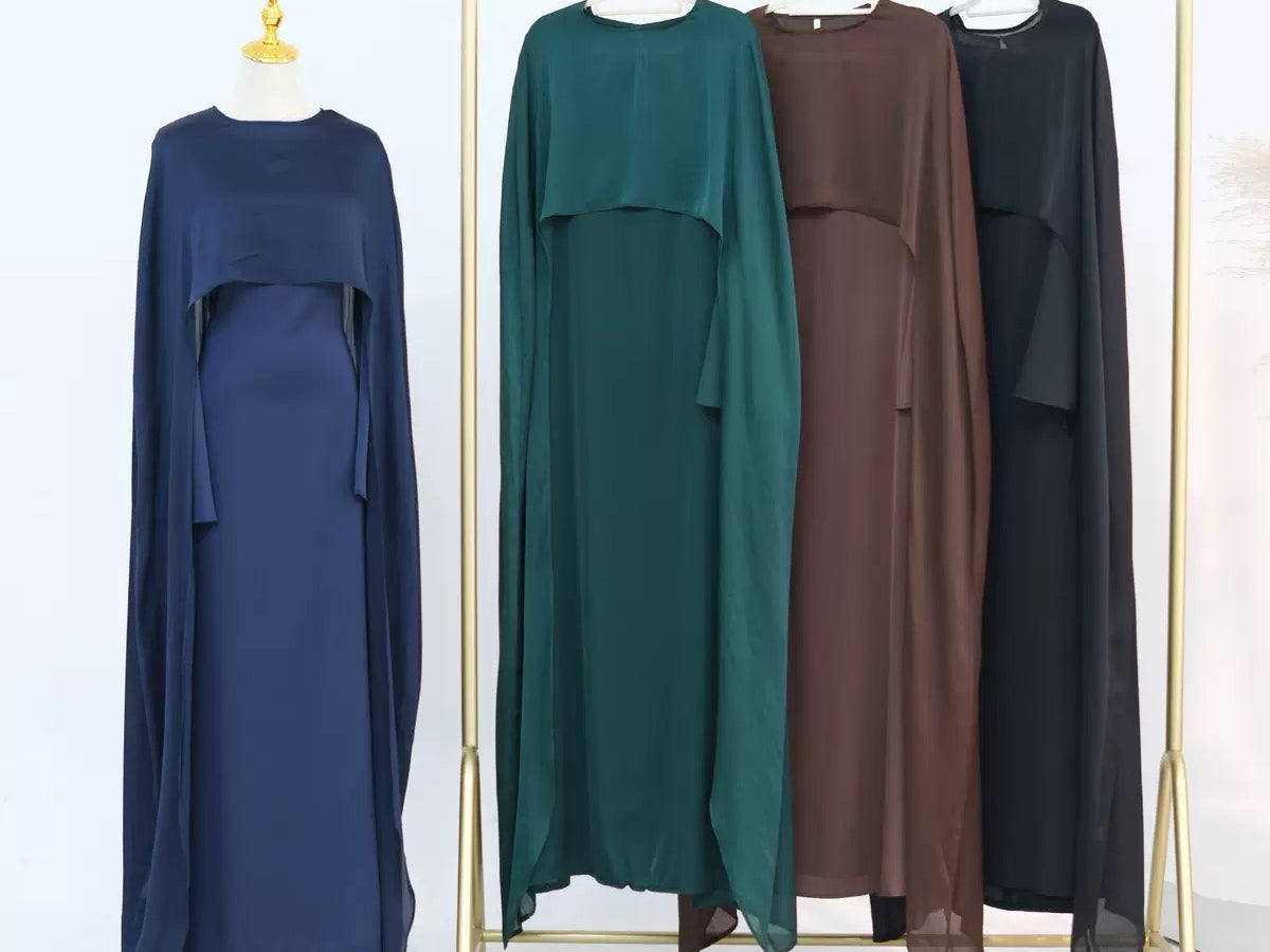 Noura Two-Piece Waist Tie Cape Elegant Abaya Set 860+920 - Dark