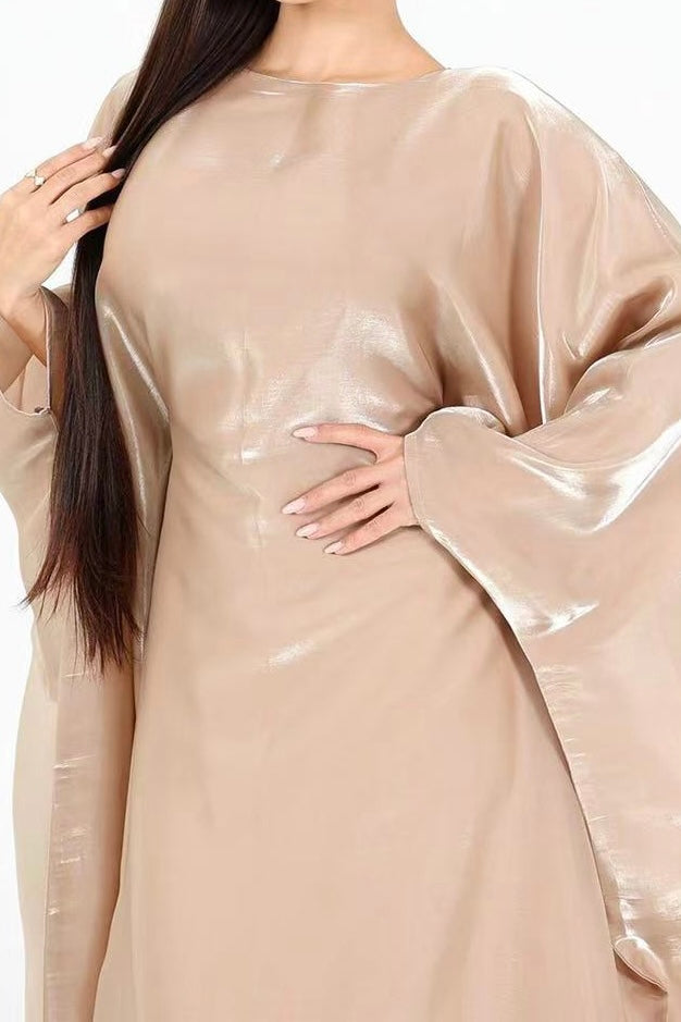 Anita Shiny Batwing Butterfly Sleeve Maxi Dress Kaftan Abaya 770-Khaki