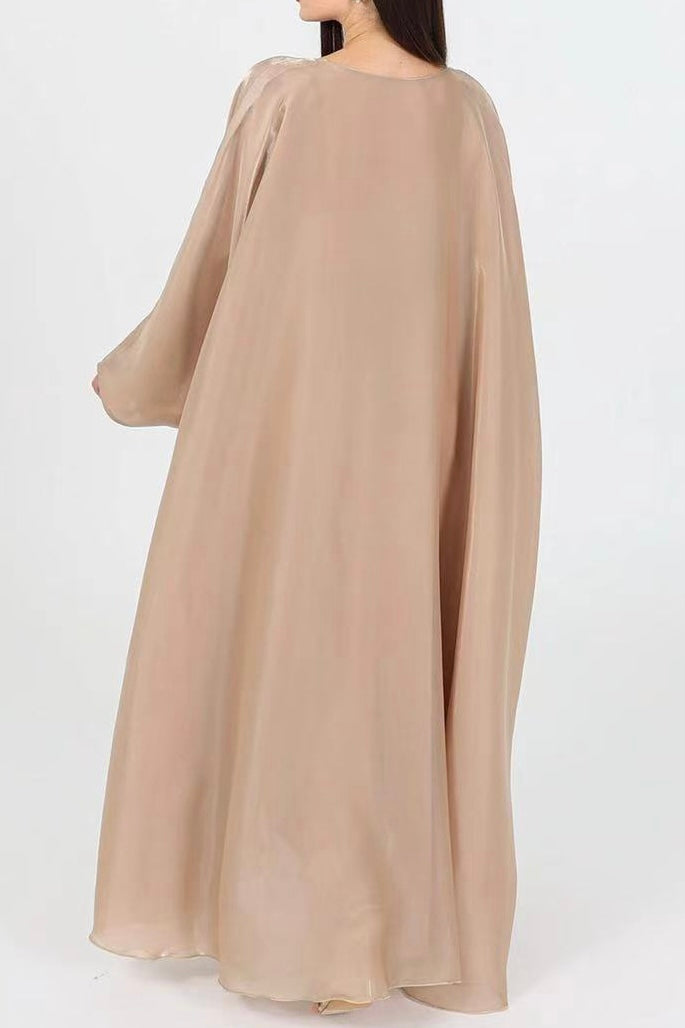 Anita Shiny Batwing Butterfly Sleeve Maxi Dress Kaftan Abaya 770-Khaki