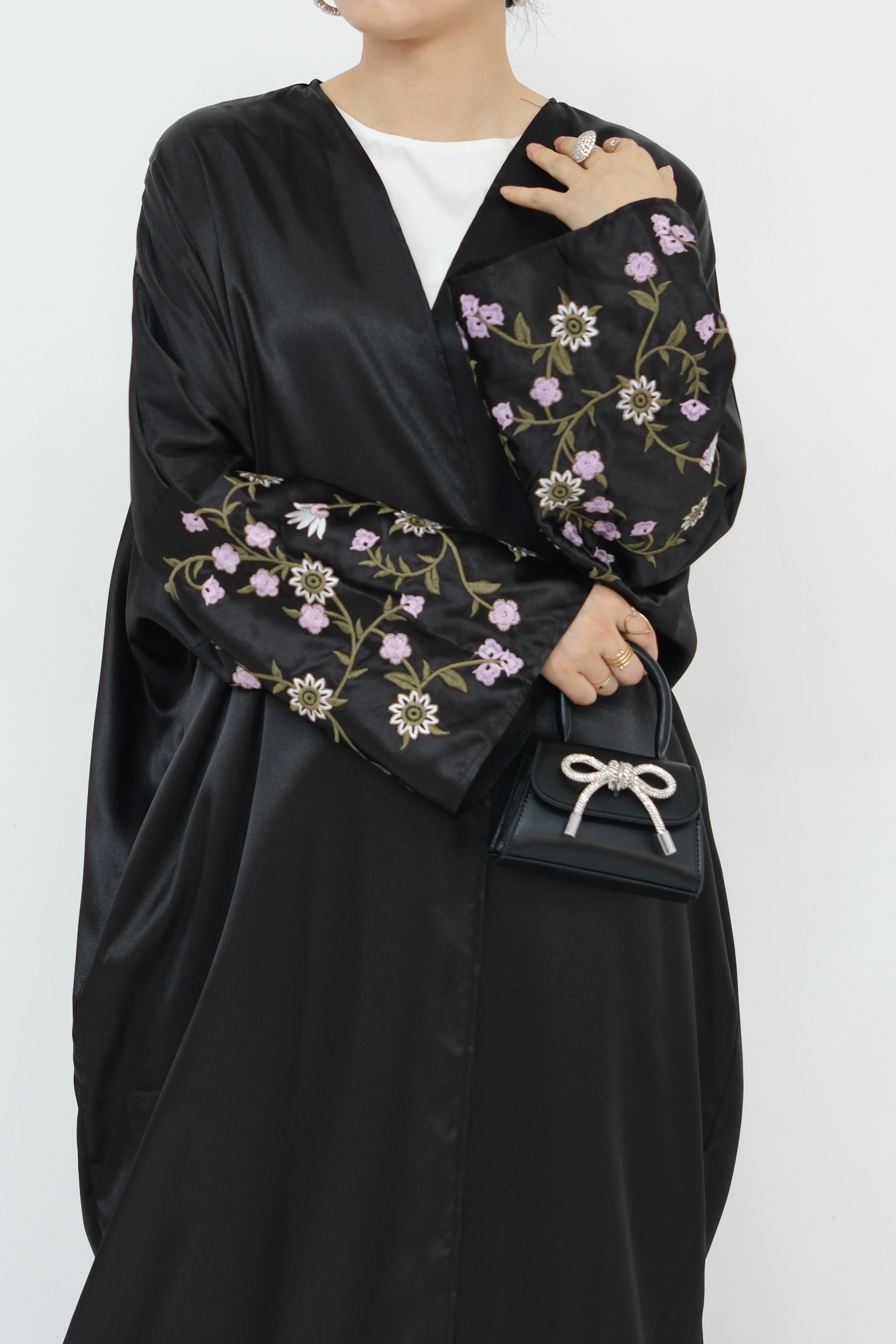 Alisha Flower Pattern Embroidery Modest Open Abaya 827- Black