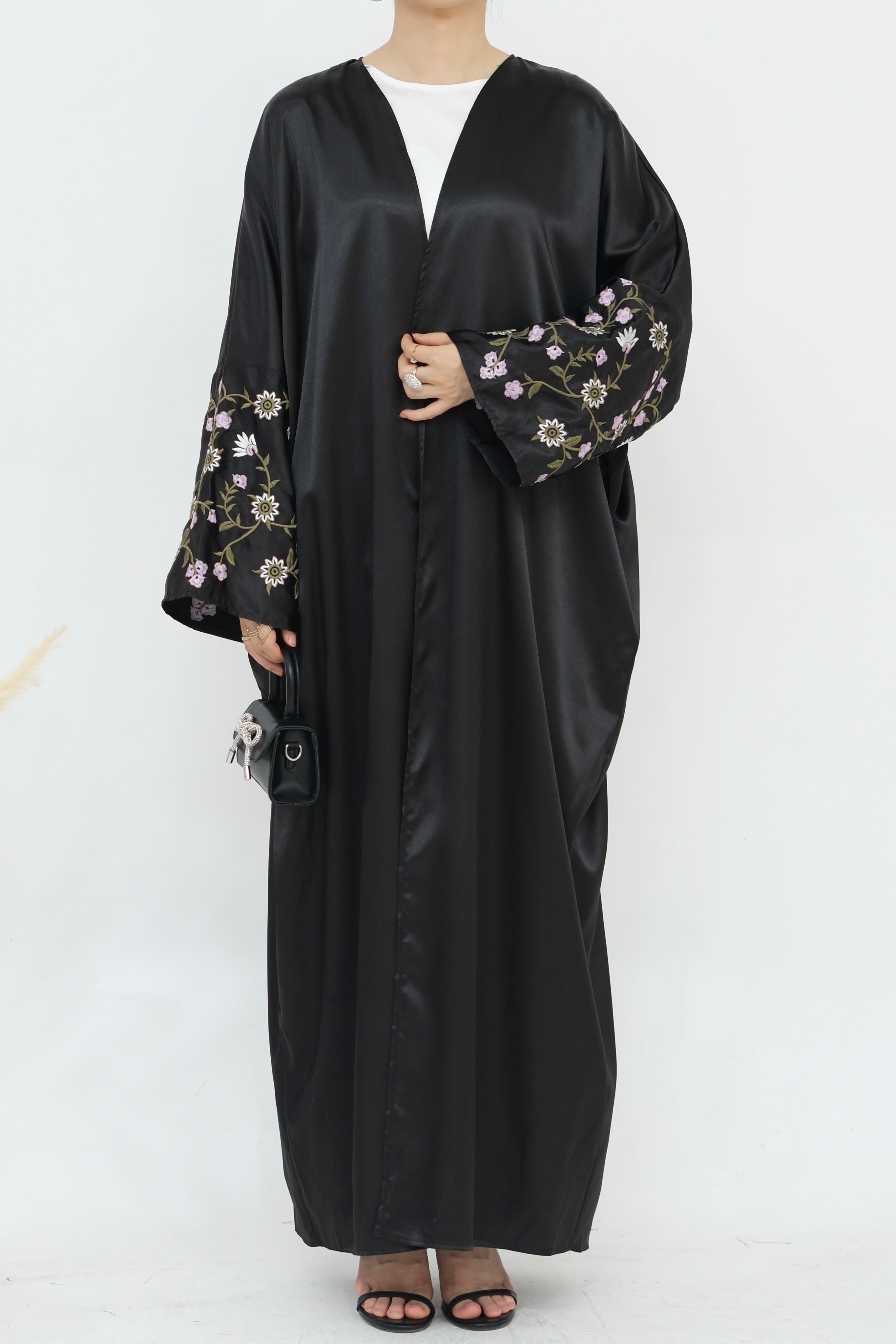 Alisha Flower Pattern Embroidery Modest Open Abaya 827- Black