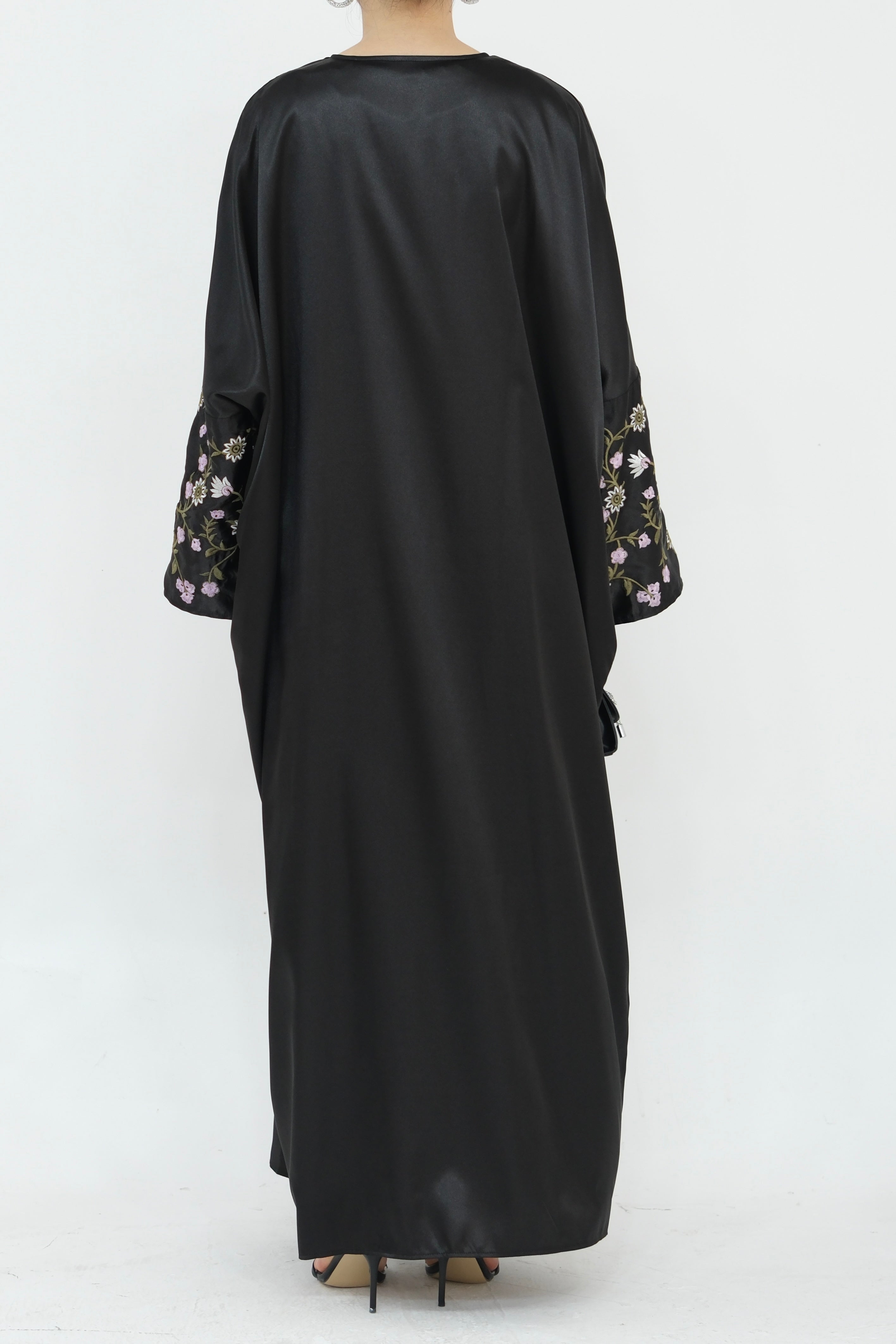 Alisha Flower Pattern Embroidery Modest Open Abaya 827- Black