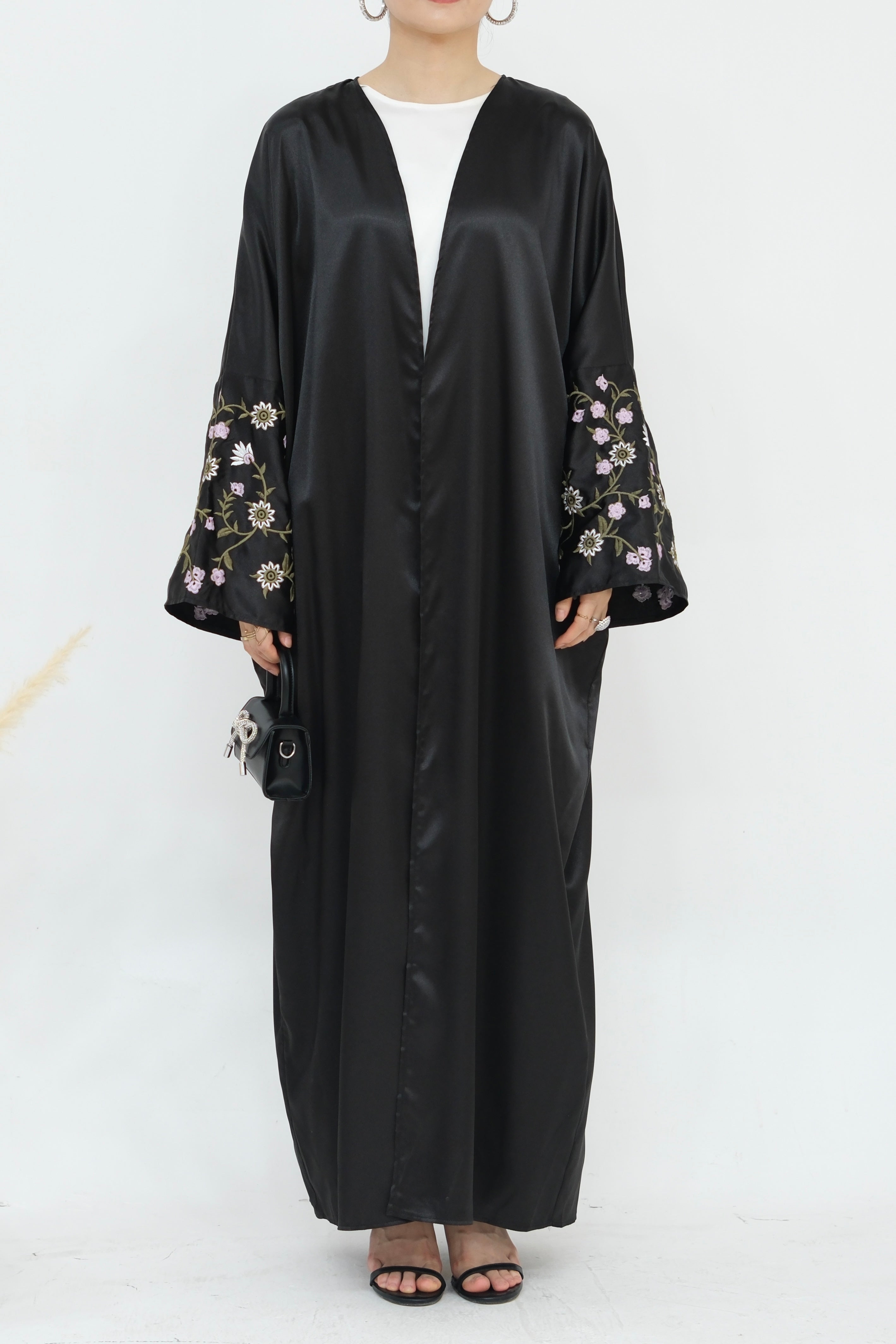 Alisha Flower Pattern Embroidery Modest Open Abaya 827- Black