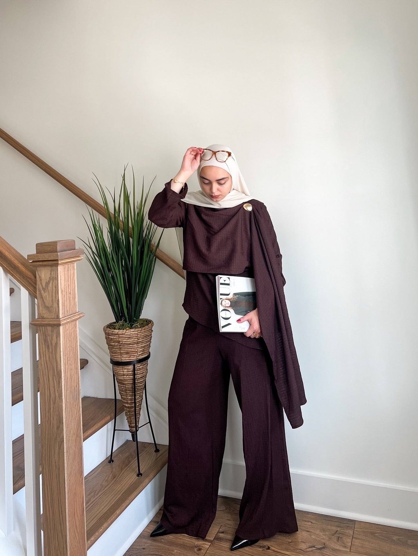 Samar 2-Piece Modest Matching Top + Pants Set 1034 - Coffee