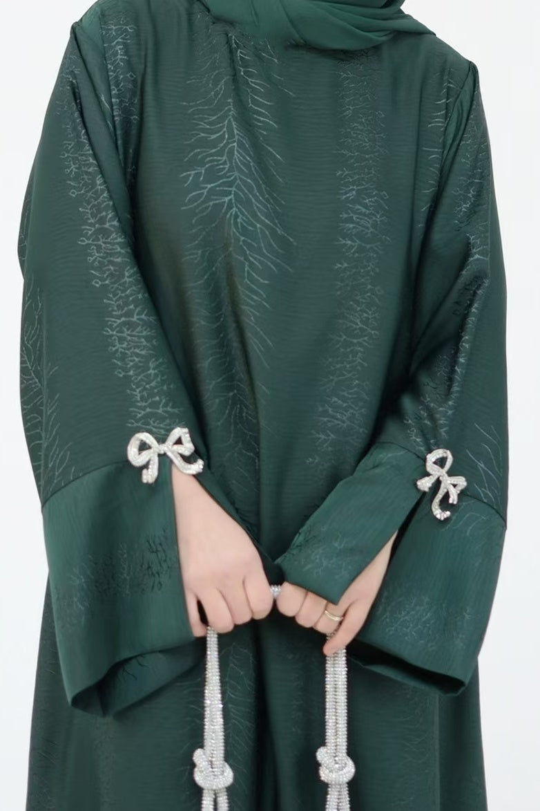 Sofia Elegant Jacquard Abaya with Rhinestone Bow Cuff Decoration 006 - Green