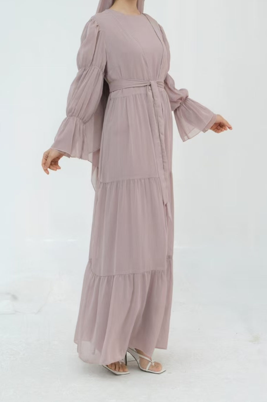 Jumana Chiffon Elastic Cuff  Open Abaya Set 866+867 - Taro