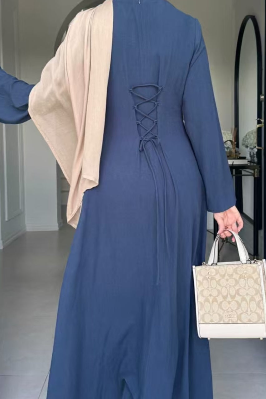 Isabella Back Tie Linen Maxi Dress Abaya 941 - Dark Blue