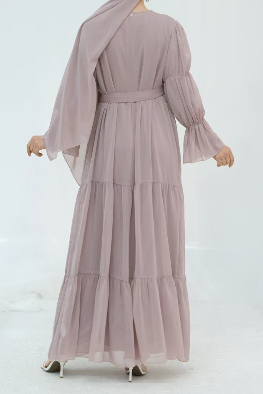 Jumana Chiffon Elastic Cuff  Open Abaya Set 866+867 - Taro