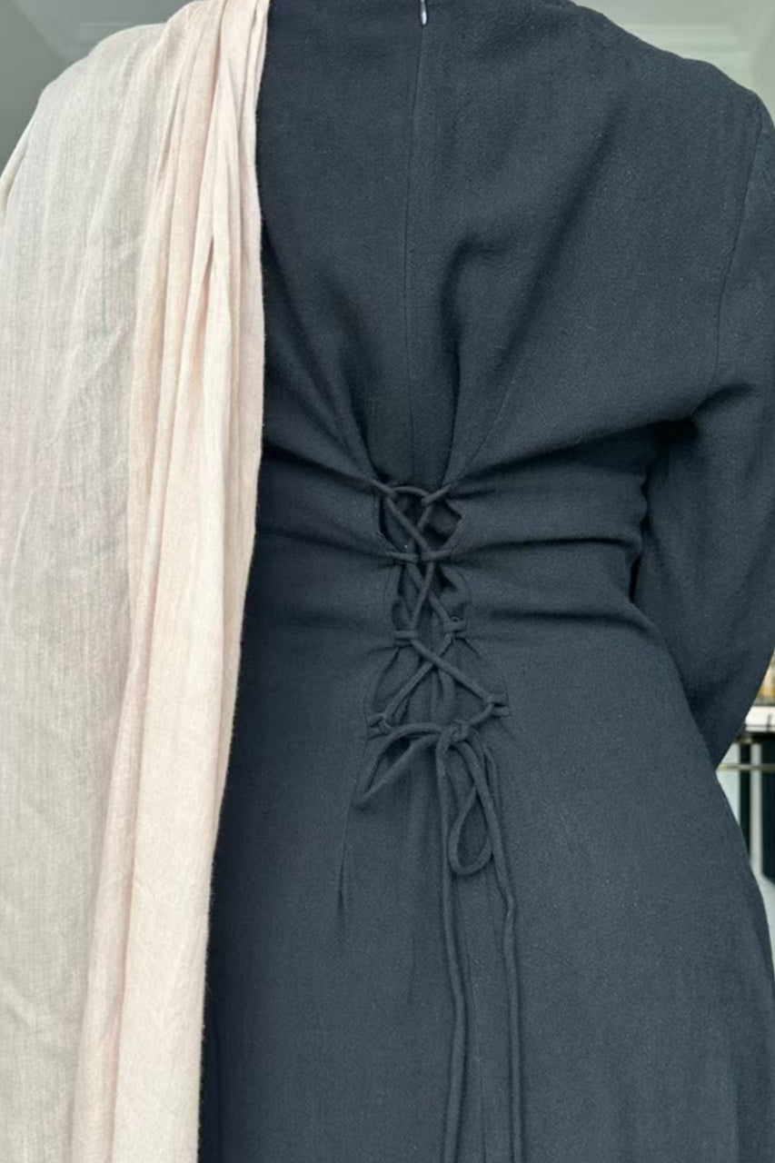 Isabella Back Tie Linen Maxi Dress Abaya 941 - Black