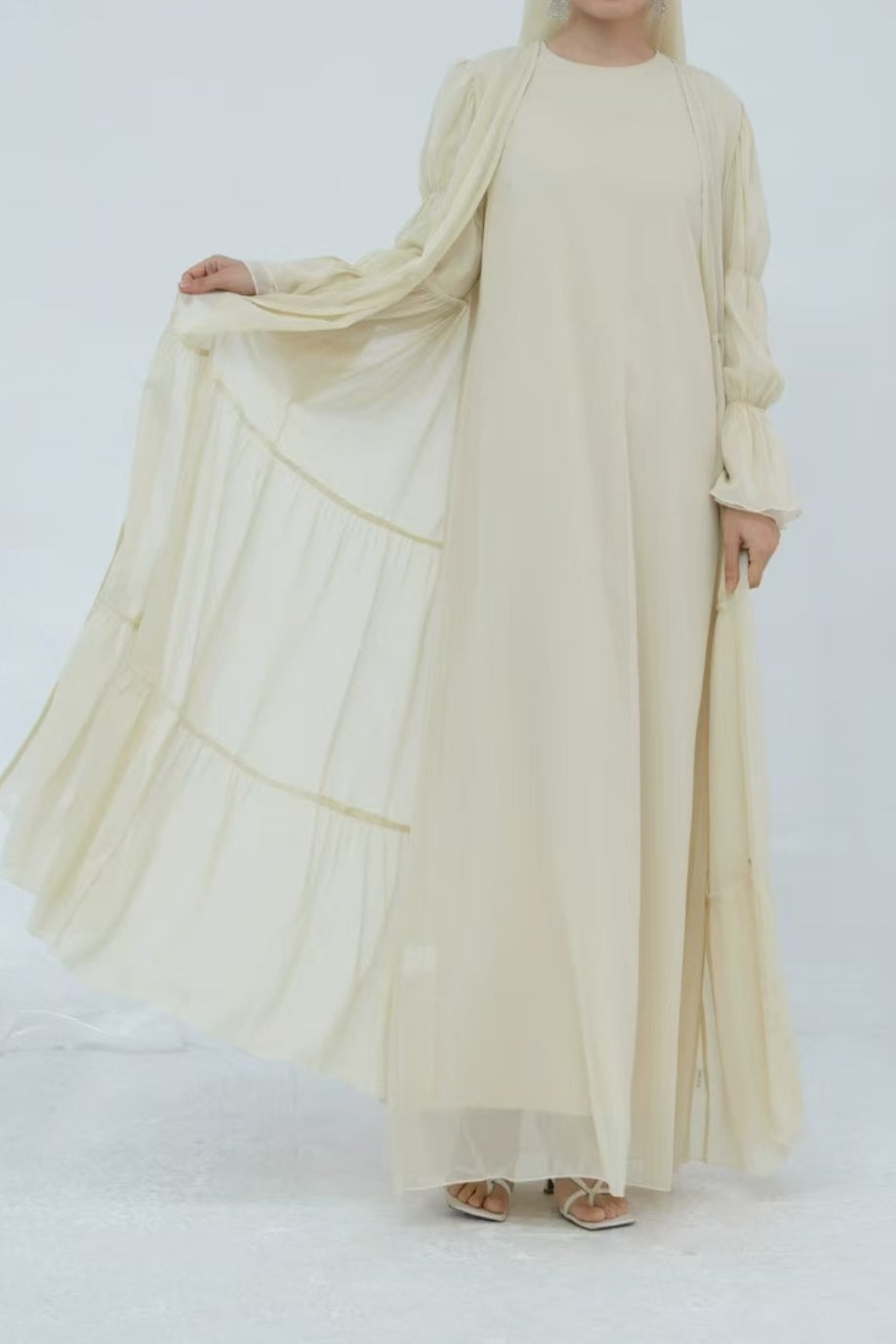 Jumana Chiffon Elastic Cuff  Open Abaya Set 866+867 - Apricot
