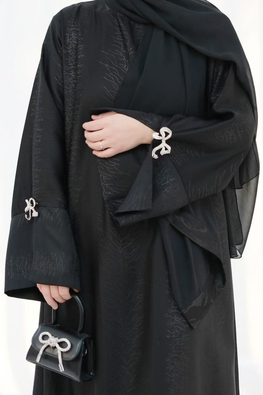 Sofia Elegant Jacquard Abaya with Rhinestone Bow Cuff Decoration 006 - Black