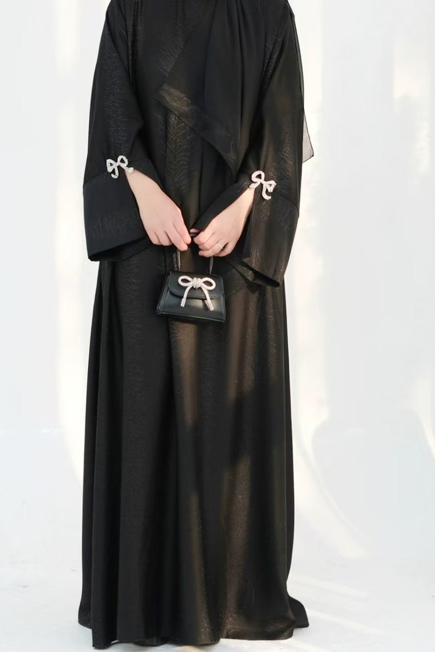Sofia Elegant Jacquard Abaya with Rhinestone Bow Cuff Decoration 006 - Black