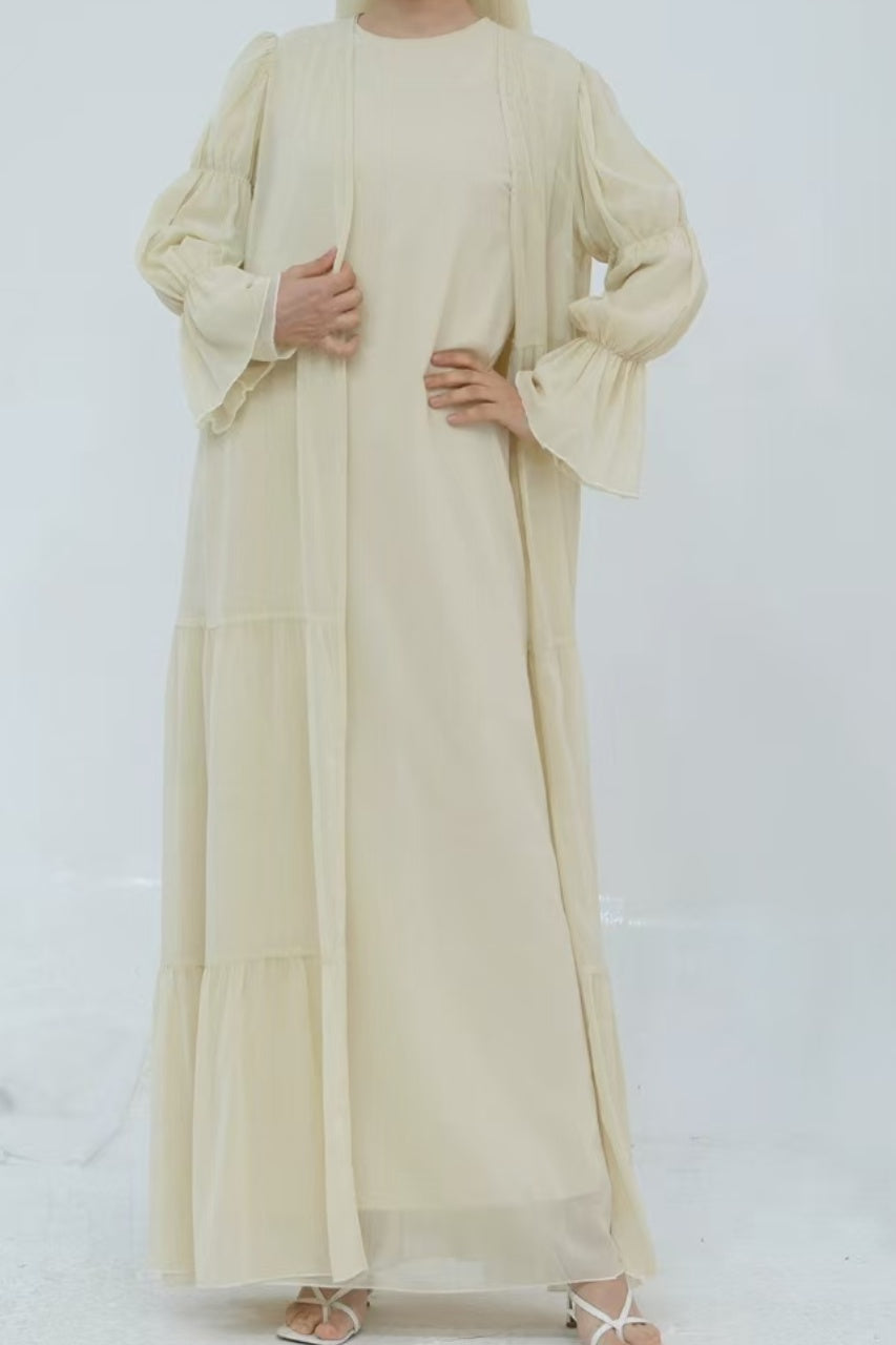 Jumana Chiffon Elastic Cuff  Open Abaya Set 866+867 - Apricot