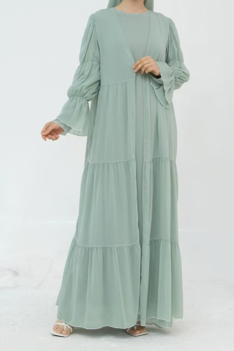 Jumana Chiffon Elastic Cuff  Open Abaya Set 866+867 - Green