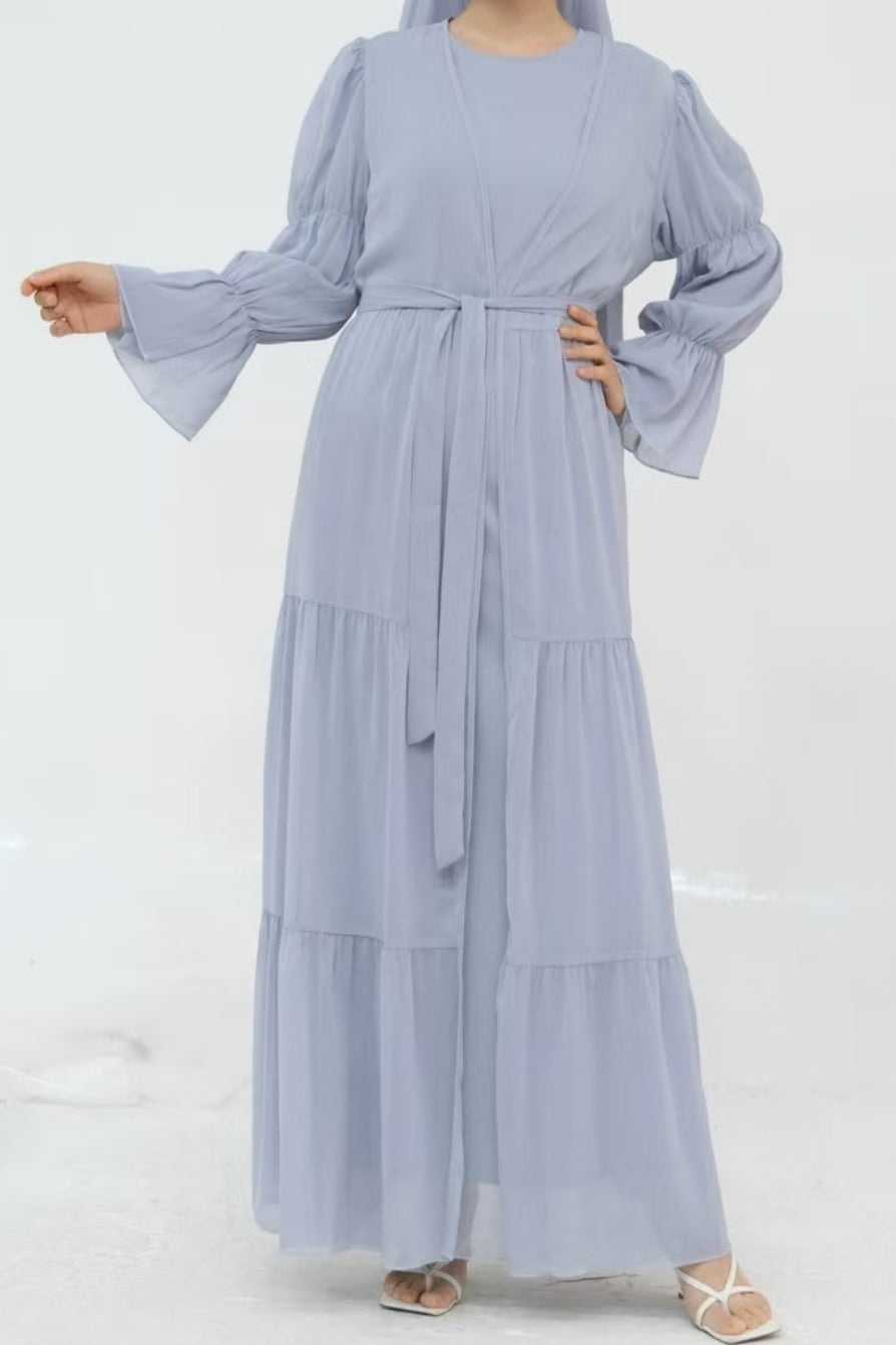 Jumana Chiffon Elastic Cuff  Open Abaya Set 866+867 - Light Grey