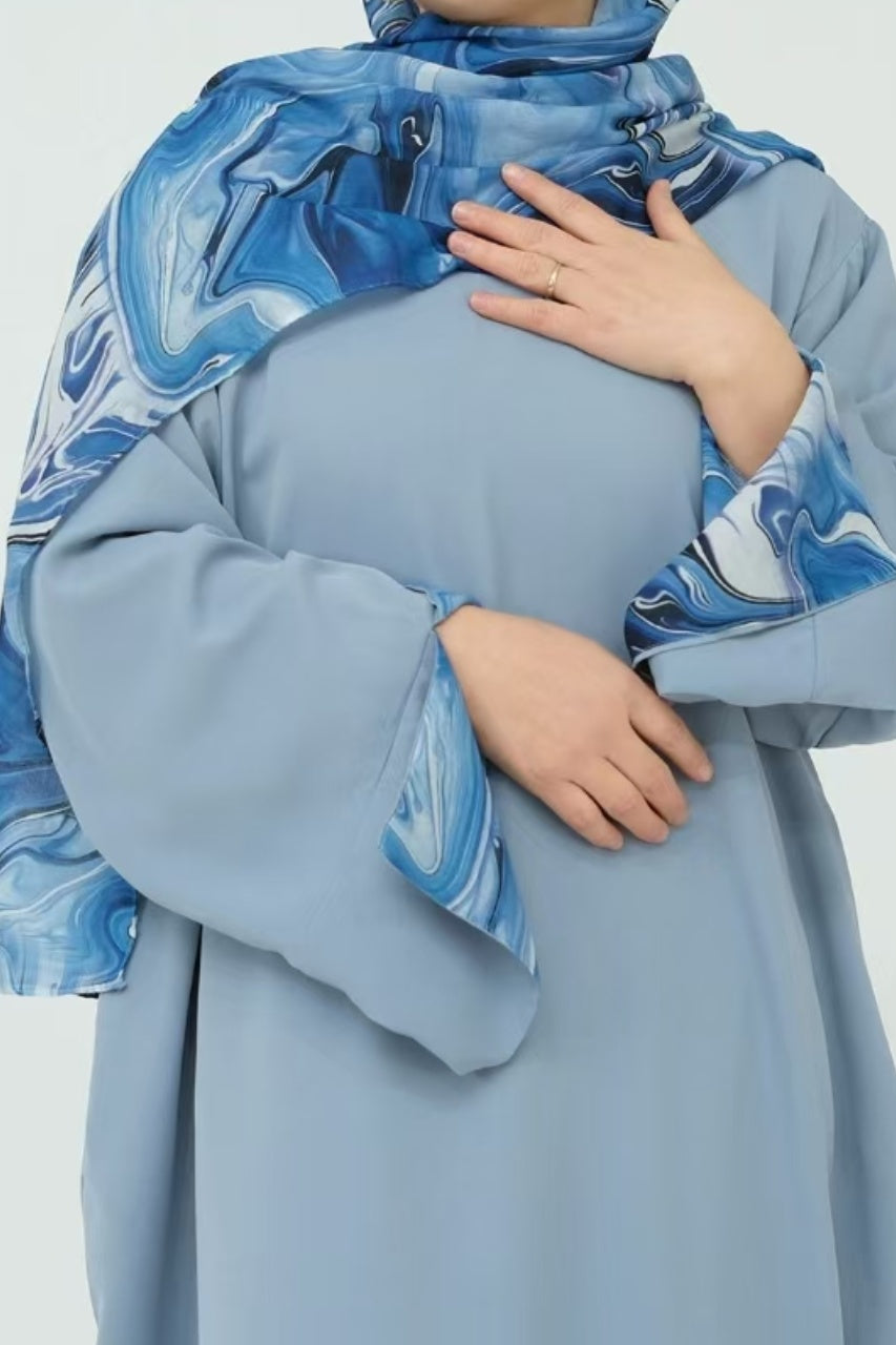 Amira Printed Casual Abaya with Hijab 942 -Blue