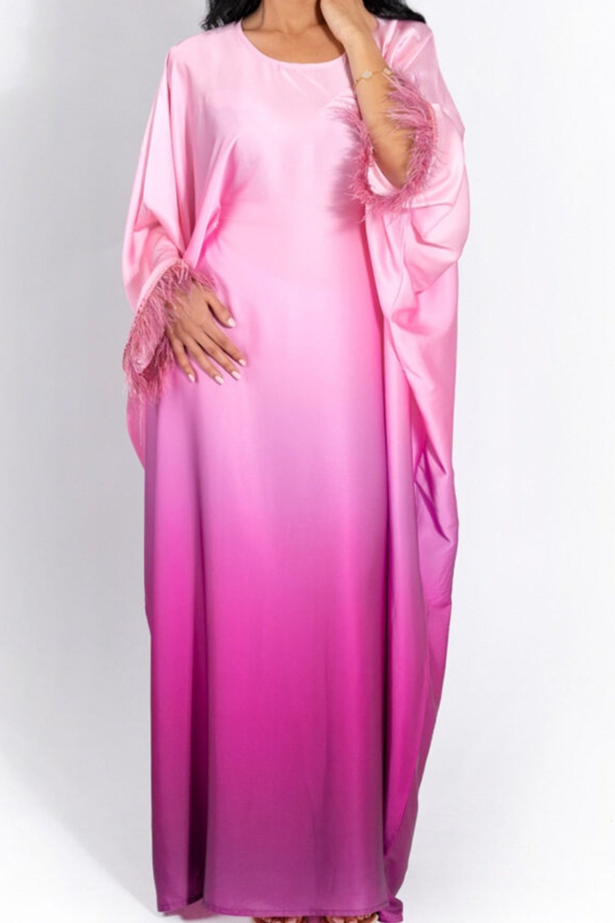 MAYA Feather-Embellished Gradient Kaftan Batwing Abaya 811 - Pink