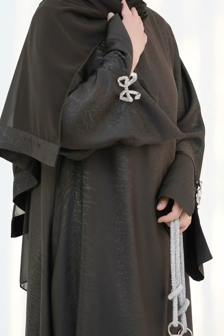Sofia Elegant Jacquard Abaya with Rhinestone Bow Cuff Decoration 006 - Coffee