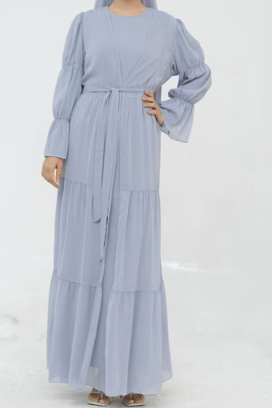 Jumana Chiffon Elastic Cuff  Open Abaya Set 866+867 - Light Grey