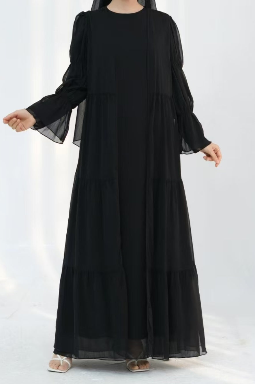 Jumana Chiffon Elastic Cuff  Open Abaya Set 866+867 - Black