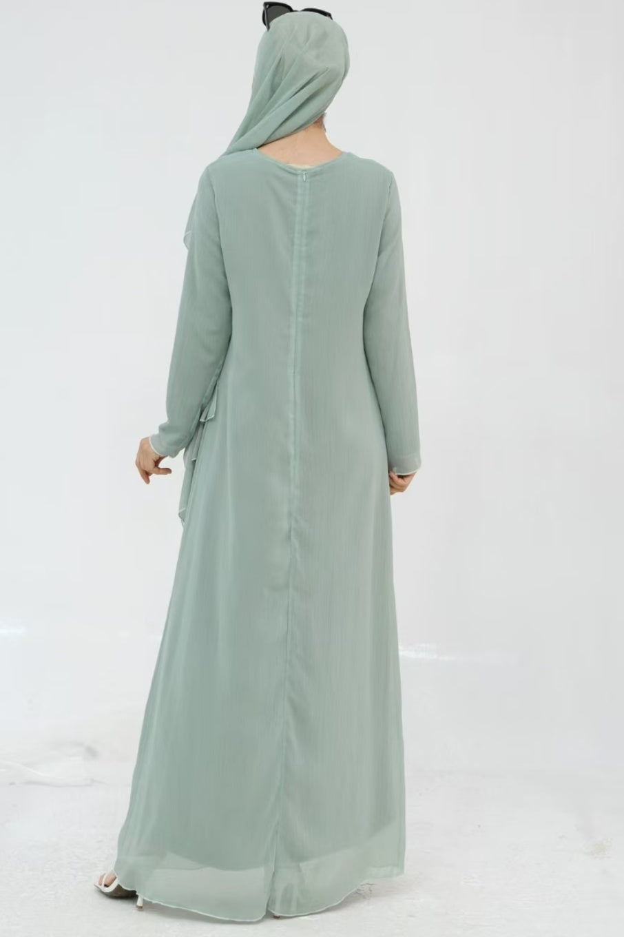 Jumana Chiffon Elastic Cuff  Open Abaya Set 866+867 - Green