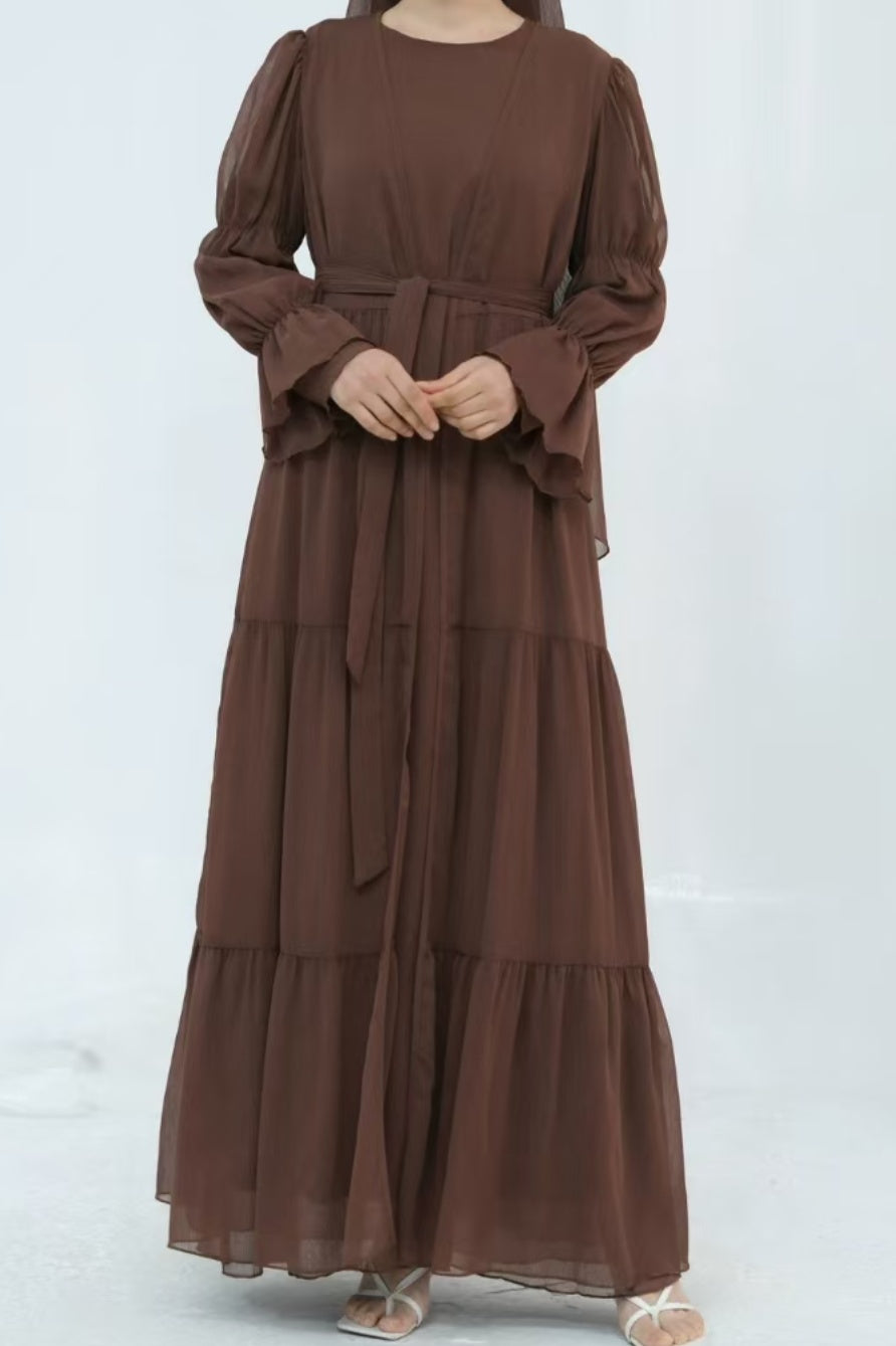Jumana Chiffon Elastic Cuff  Open Abaya Set 866+867 - Coffee