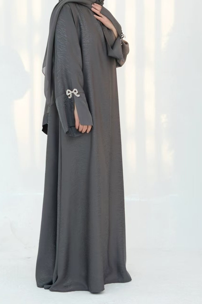 Sofia Elegant Jacquard Abaya with Rhinestone Bow Cuff Decoration 006 - Grey