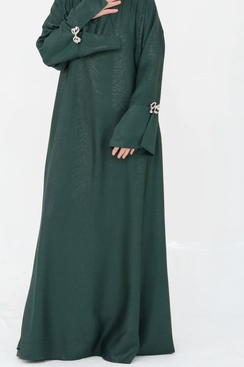 Sofia Elegant Jacquard Abaya with Rhinestone Bow Cuff Decoration 006 - Green
