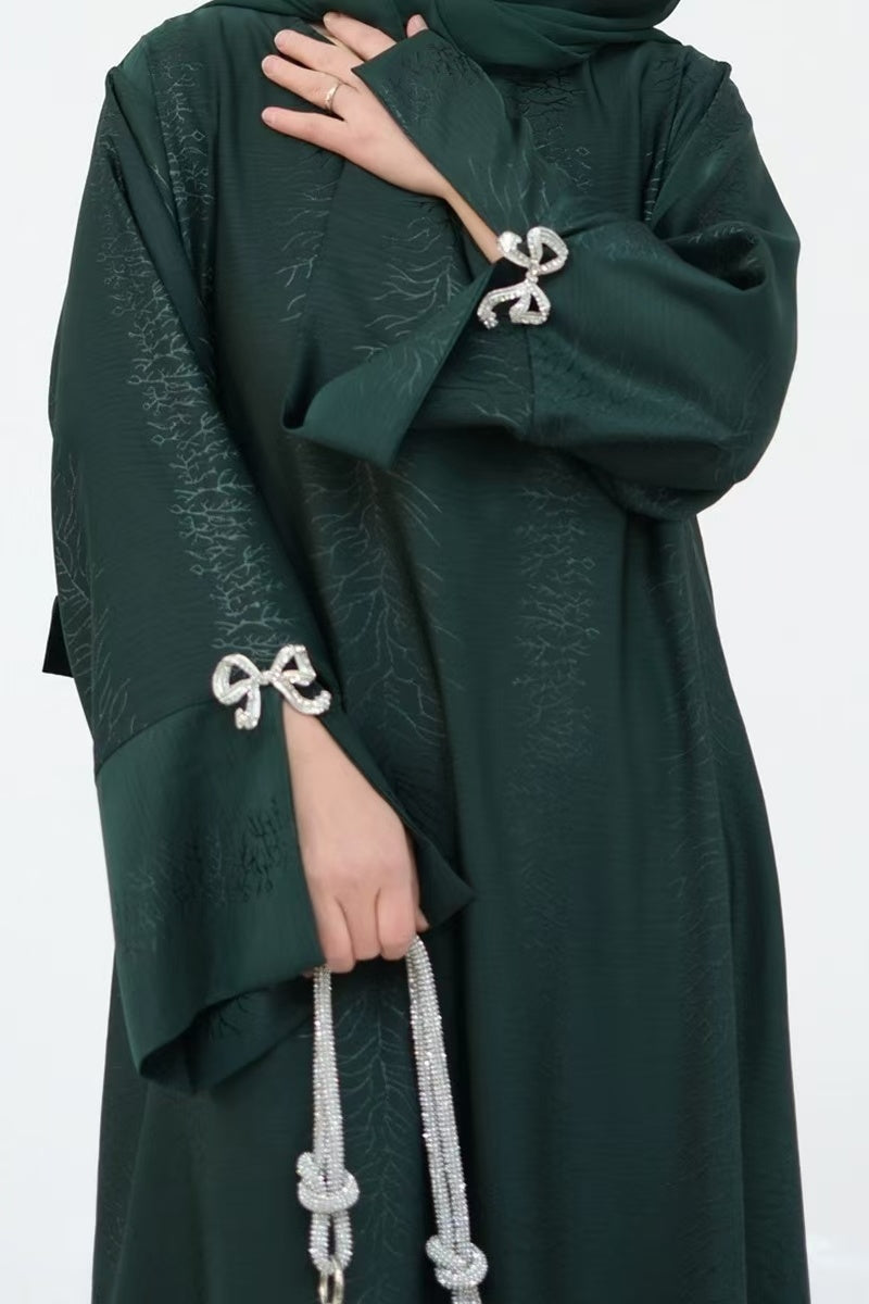 Sofia Elegant Jacquard Abaya with Rhinestone Bow Cuff Decoration 006 - Green