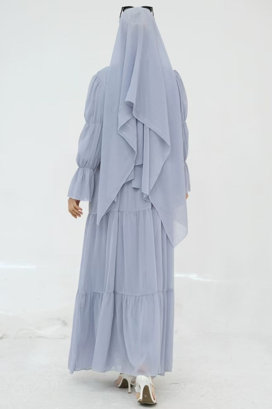 Jumana Chiffon Elastic Cuff  Open Abaya Set 866+867 - Light Grey
