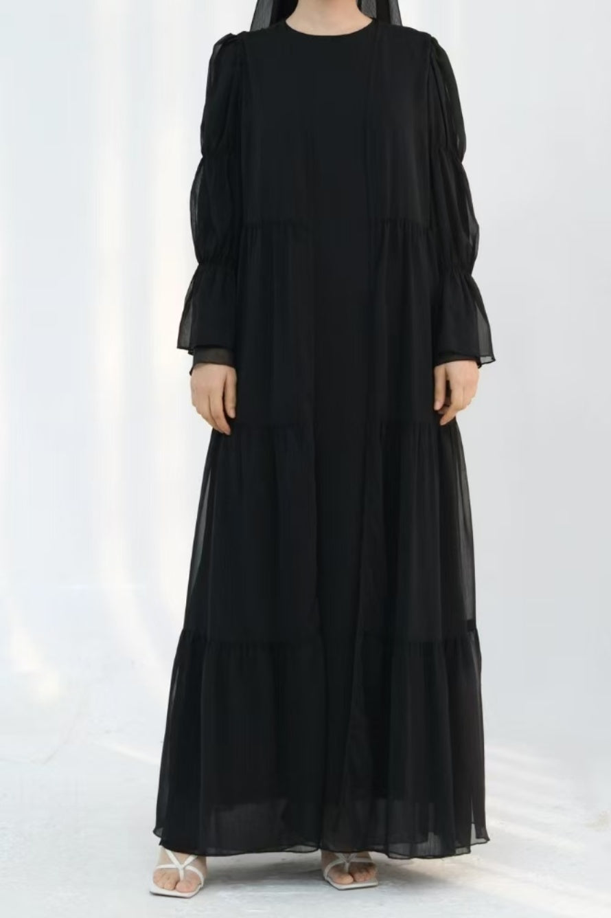 Jumana Chiffon Elastic Cuff  Open Abaya Set 866+867 - Black
