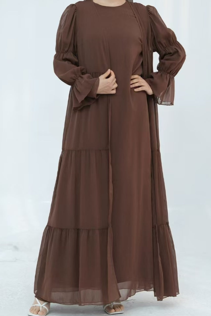 Jumana Chiffon Elastic Cuff  Open Abaya Set 866+867 - Coffee