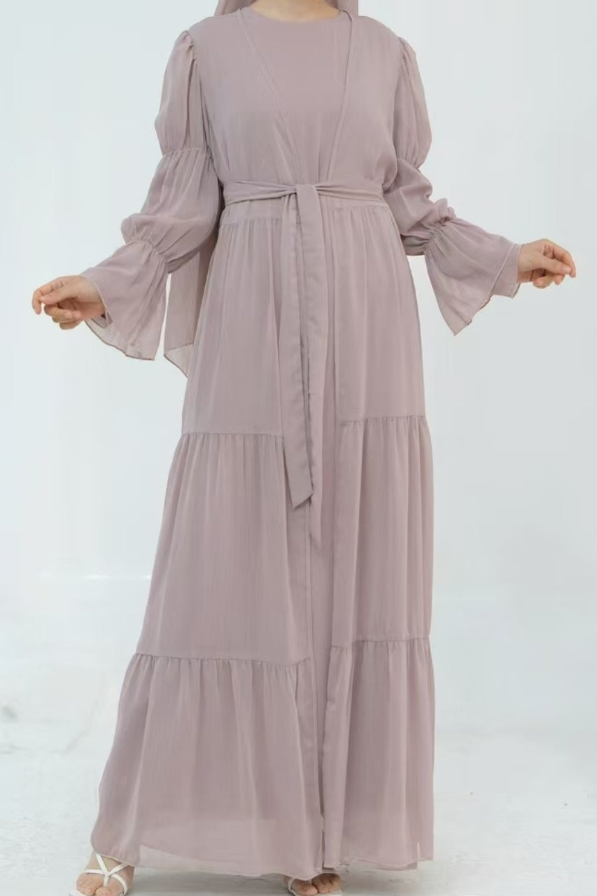 Jumana Chiffon Elastic Cuff  Open Abaya Set 866+867 - Taro