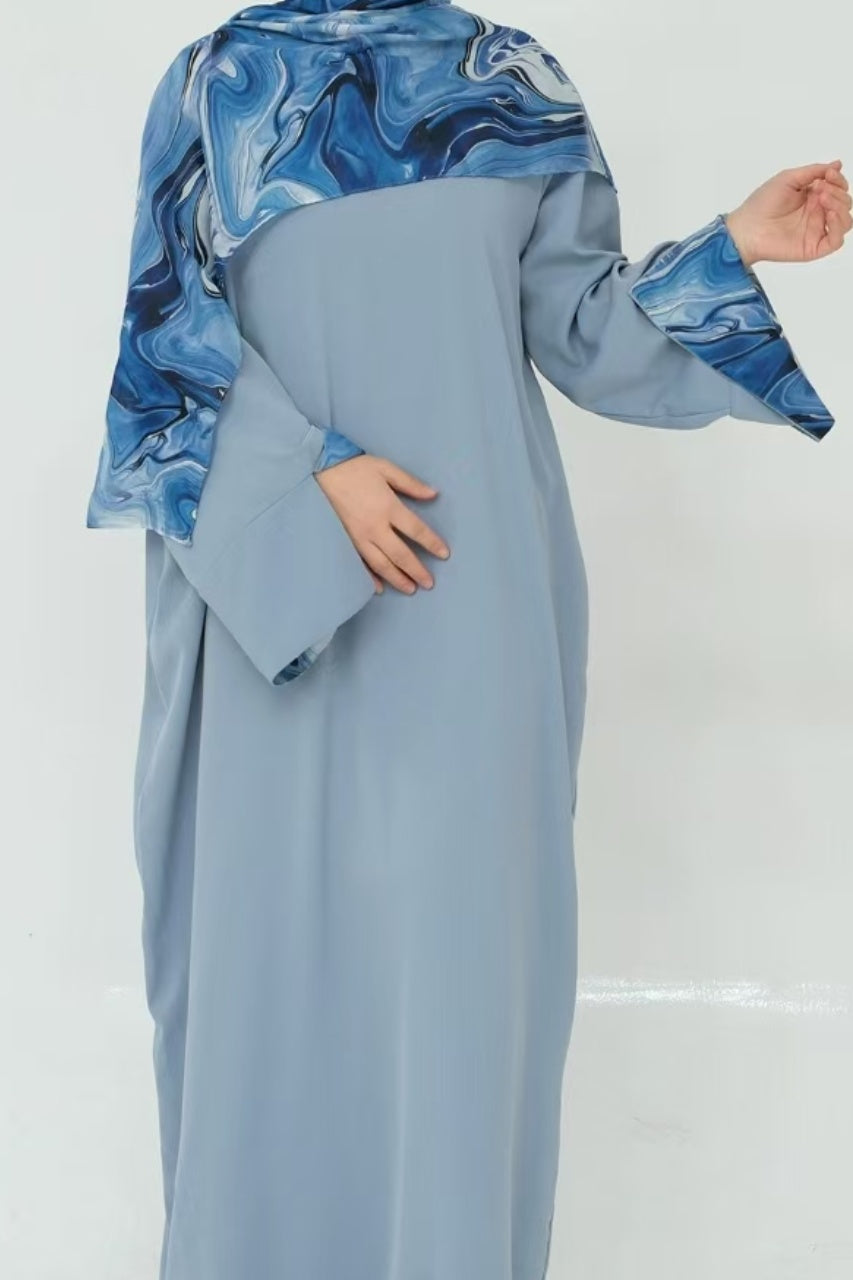 Amira Printed Casual Abaya with Hijab 942 -Blue
