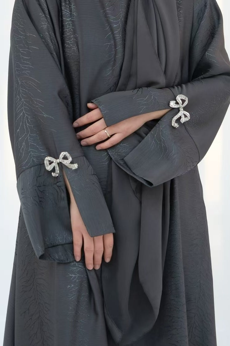 Sofia Elegant Jacquard Abaya with Rhinestone Bow Cuff Decoration 006 - Grey