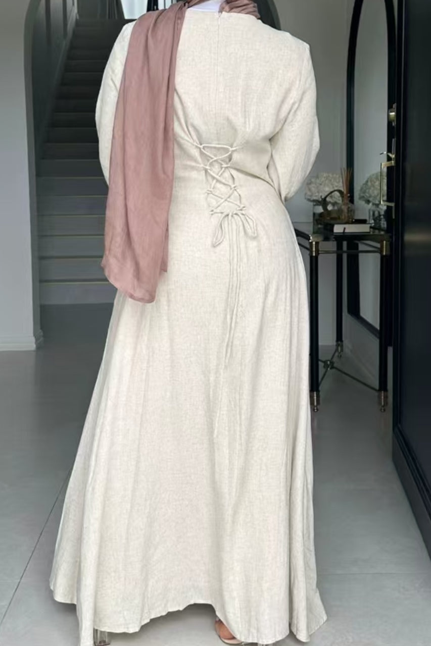Isabella Back Tie Linen Maxi Dress Abaya 941- Apricot