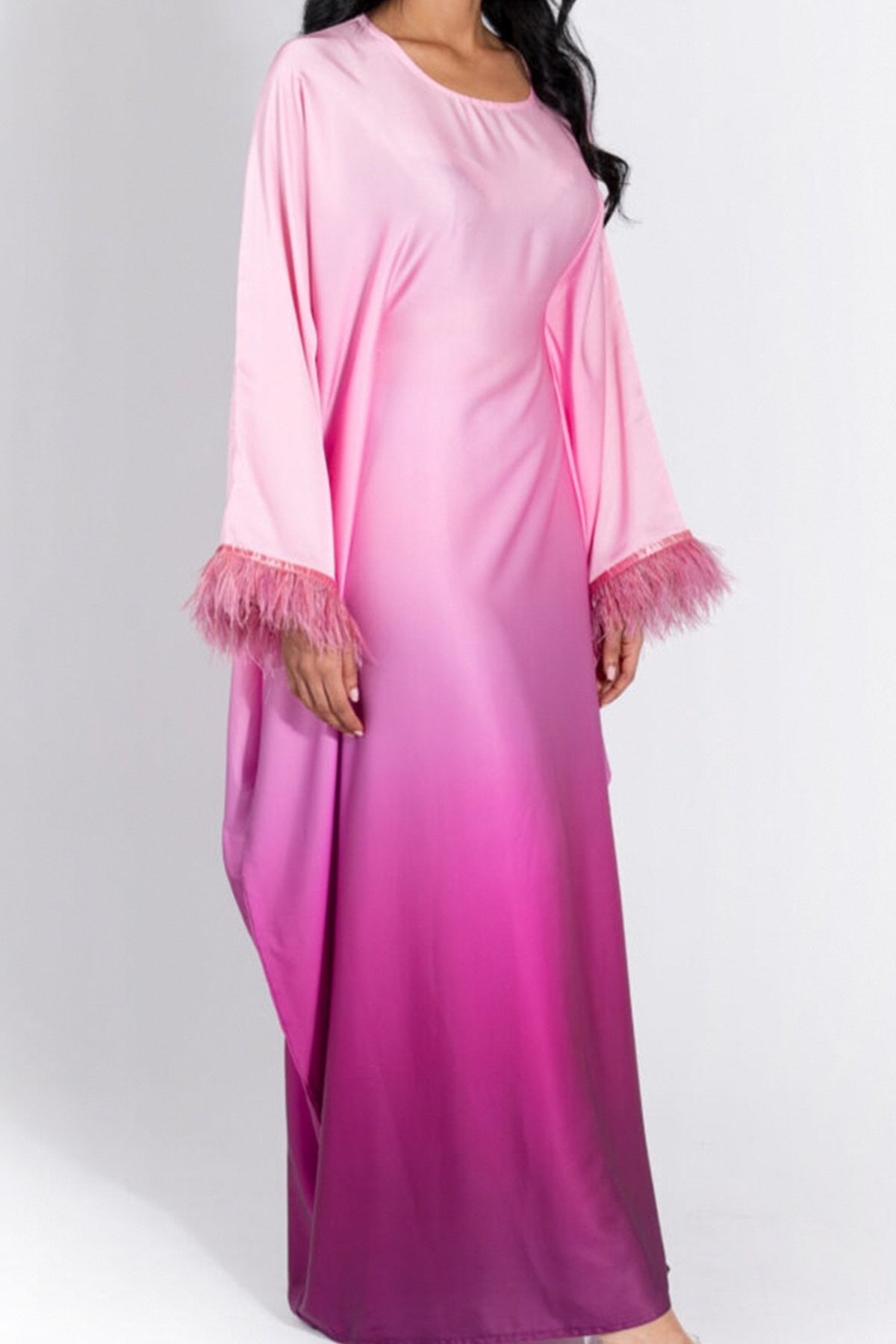 MAYA Feather-Embellished Gradient Kaftan Batwing Abaya 811 - Pink