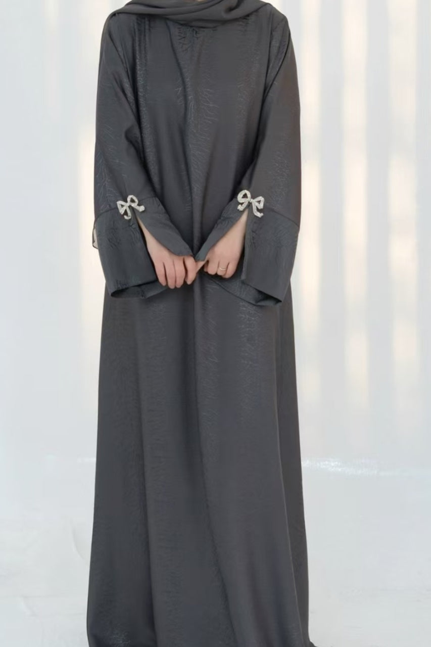 Sofia Elegant Jacquard Abaya with Rhinestone Bow Cuff Decoration 006 - Grey